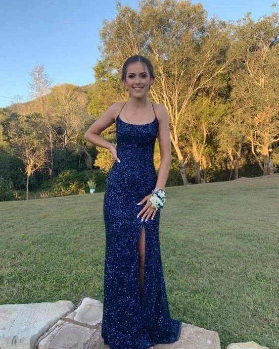 black-tie party dressesNavy Blue Sequin Long Prom Dresses Mermaid Cross Back Evening Party Dresses