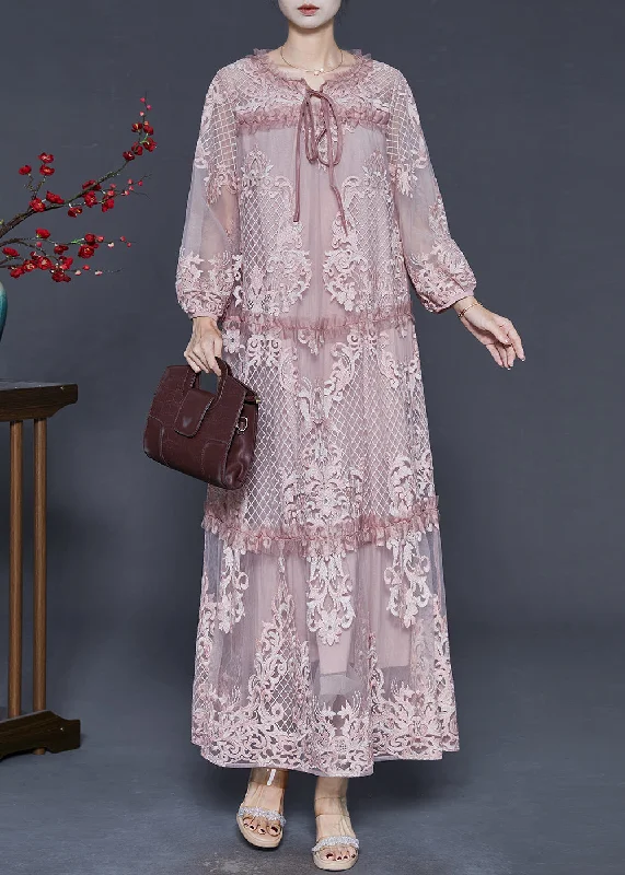 chiffon maxi dressesChic Pink Embroidered Patchwork Tulle Long Dresses Spring