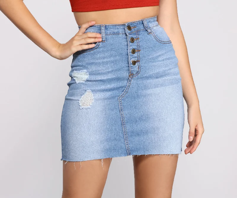 women's woven skirtsButton Up Raw Hem Denim Mini Skirt