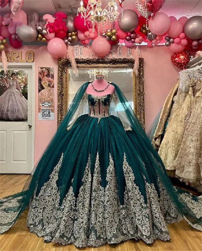 bohemian party dressesNew Arrival Emerald Green Quinceanera Dresses With Cape Lace Appliques Plus Size Sweet 16 Prom Party Corset Vestidos De 15 Años