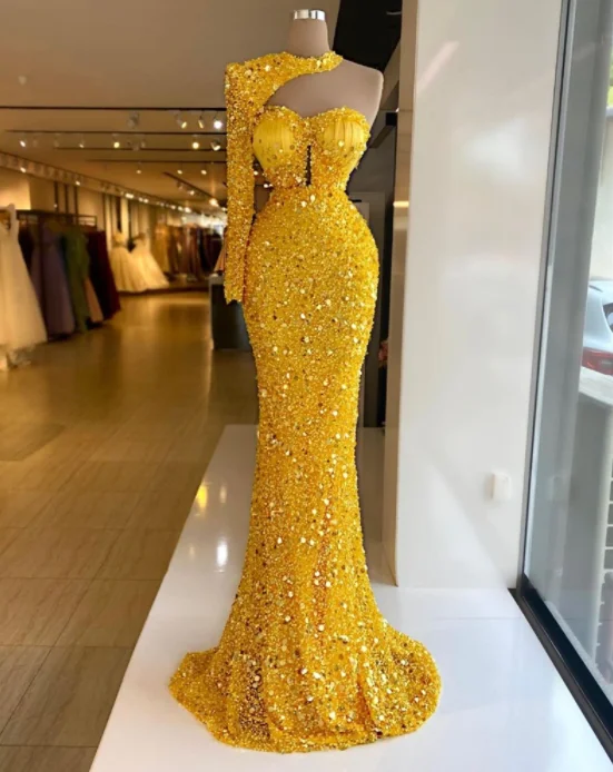 prom party dressesLuxury Gold Mermaid Evening Gowns Sequined Beaded Women Prom Dress With Long Sleeves Party Robe de mariée,BG010