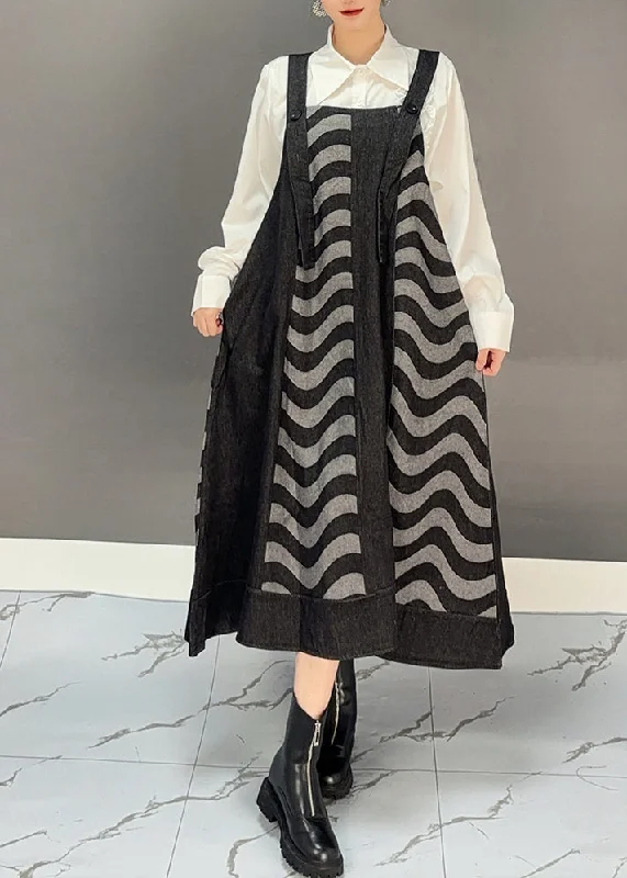 maxi dresses with buttonsChice Black Slash Neck Striped Pockets Long Spaghetti Strap Dress Spring