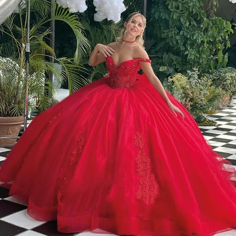 body-skimming party dressesSexy Hot Red Vestido De Princesas Sweetheart Illusion Lace-Up Ball Gown Party Dress Vestidos De 15 Quinceañera Customized