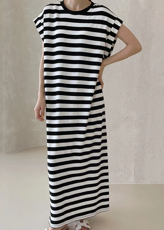 cotton maxi dressesFrench Black Oversized Striped Cotton Long Dress Summer