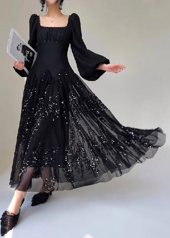 maxi dresses for maternity wearBlack Sequins Silk Long Dresses Square Collar Lantern Sleeve