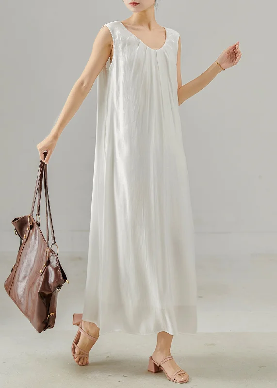 maxi dresses with pockets and sleevesWhite Draping Silk Long Dress Oversized Sleeveless