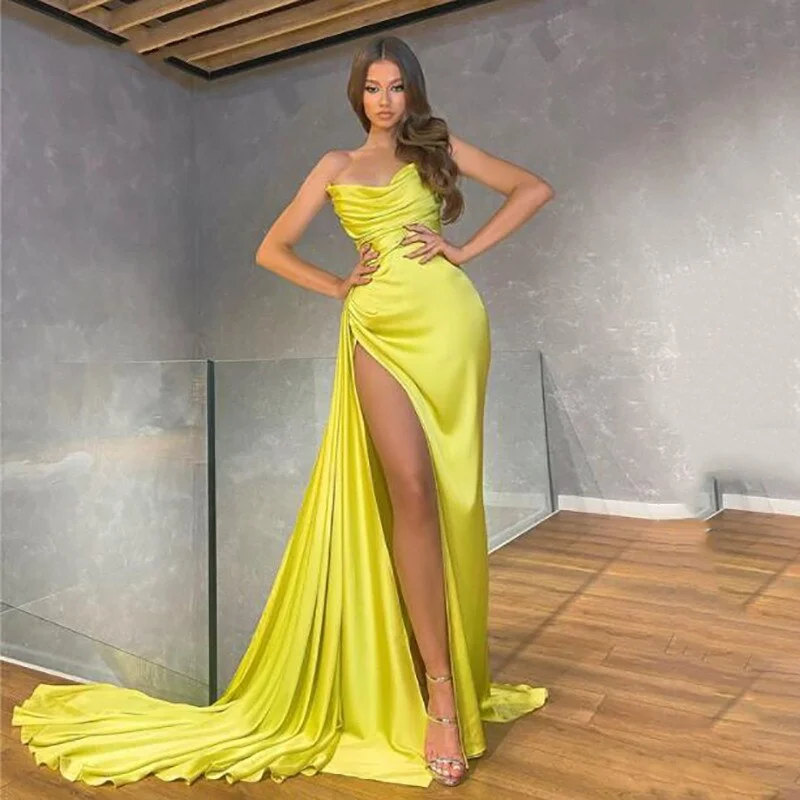 bachelor party dresses (for women)Sexy Golden V Neck Mermaid Evening Dress Strapless High Side Split Prom Dresses Dubai Celebrity Dresses Party Gowns,BG056