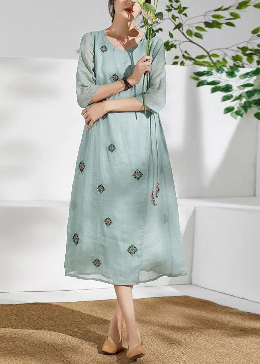 maxi dresses with high necklinesHandmade green linen clothes For Women o neck embroidery long  Dresses