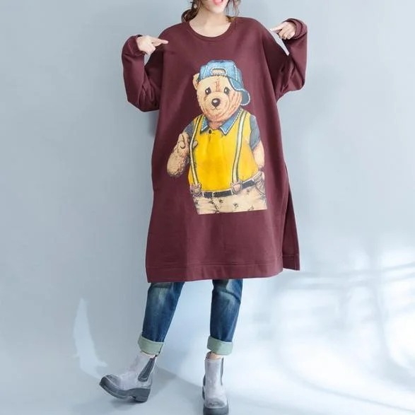 burgundy fashion cotton traveling dress oversize o neck cartoon print maternity dress