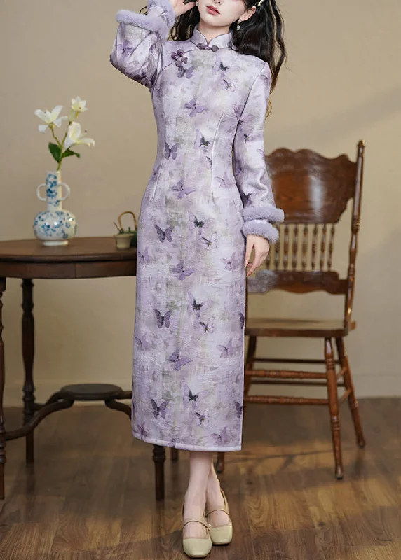 maxi dresses for everyday wearArt Purple Stand Collar Butterfly Side Open Warm Fleece Long Dresses Winter