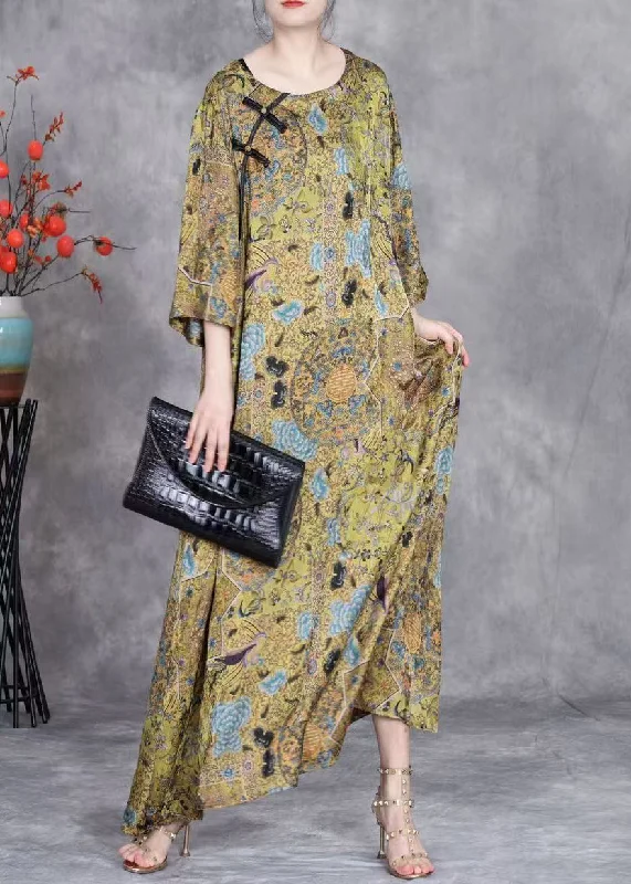 elegant maxi dressesVintage Yellow O Neck Button Print Silk Long Dresses Bracelet Sleeve