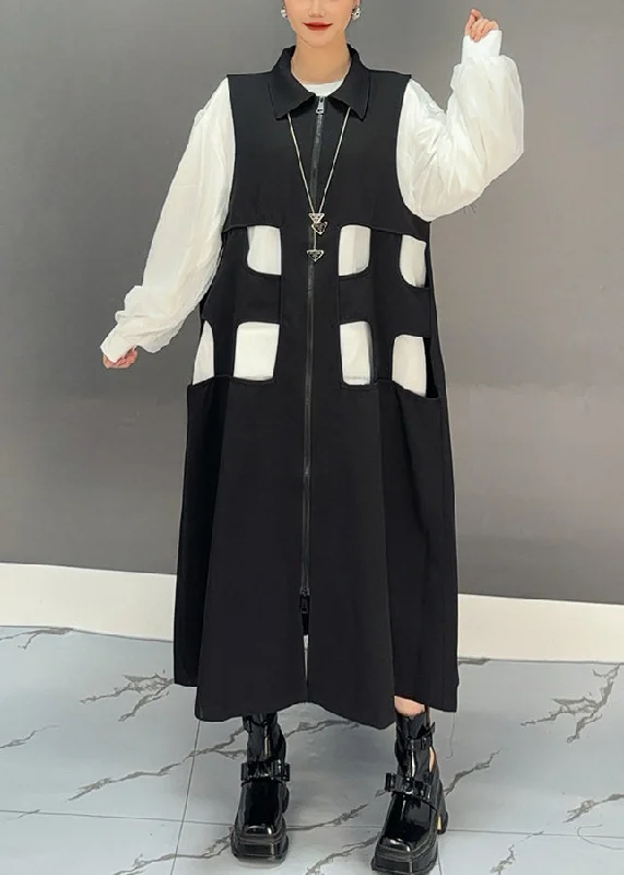 maxi dresses with zippersBohemian Black Zippered Patchwork Hollow Out Long Waistcoat Dress Spring