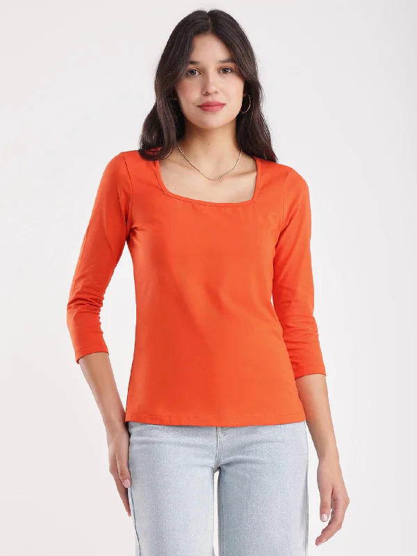 floral women's T-shirtsLivSoft Cotton Square Neck T-Shirt - Orange