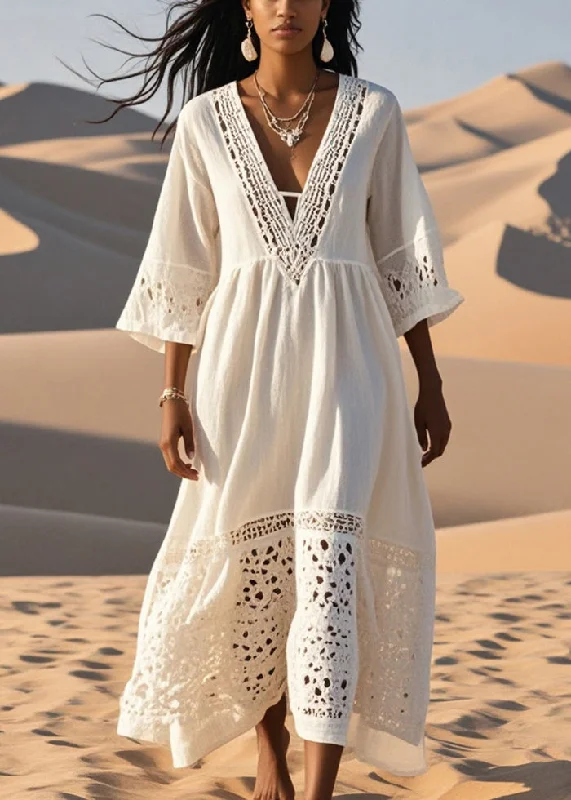 maxi dresses for cocktail partiesWhite Patchwork Cotton Long Dress Hollow Out Spring