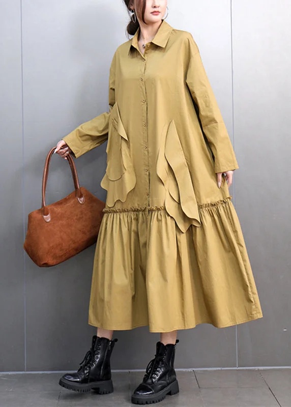 maxi dresses for casual FridaysChic Yellow Peter Pan Collar Pockets Long Shirts Dresses Spring