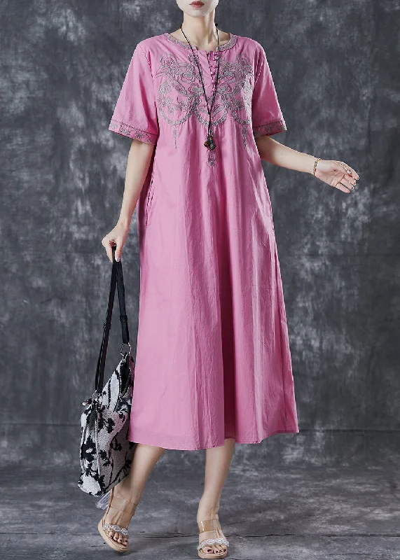 maxi dresses for yoga and meditationVintage Pink Embroidered Cotton Long Dress Summer