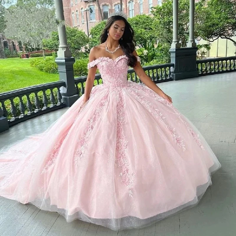 halter-neck party dressesPink Off-Shoulder Ball Gown Quinceanera Dresses For 15 Party Lace Tulle Court Train Formal Birthday Princess Gowns