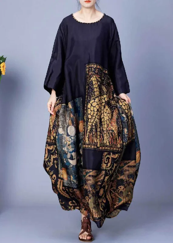 maxi dresses under $100Black Button Patchwork Silk Long Dress O Neck Spring