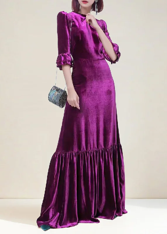 maxi dresses for mother of the groomFrench Purple O Neck Ruffled Patchwork Silk Velvet Long Dresses Spring