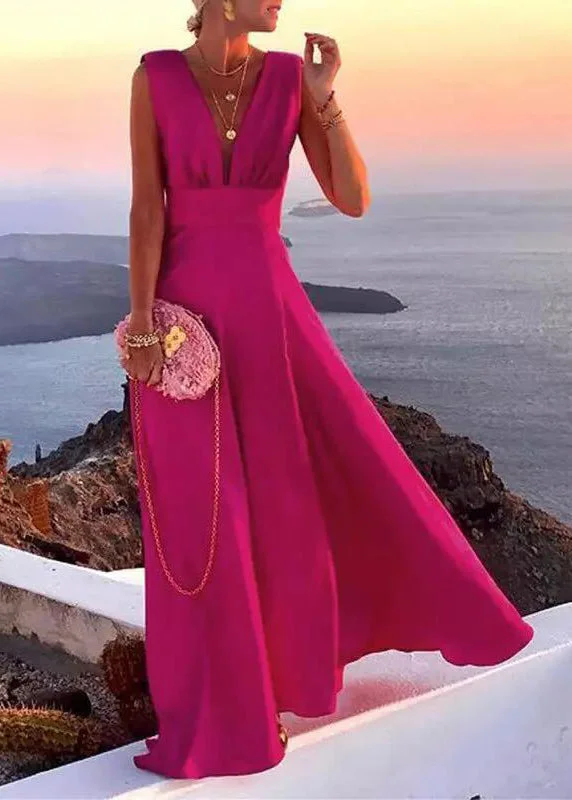 maxi dresses for music festivalsFrench Rose V Neck Patchwork Chiffon Long Dress Sleeveless