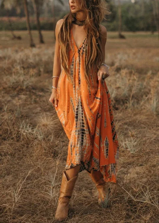 maxi dresses for winter (with tights)Bohemian Orange V Neck Print Cotton Long Dress Sleeveless