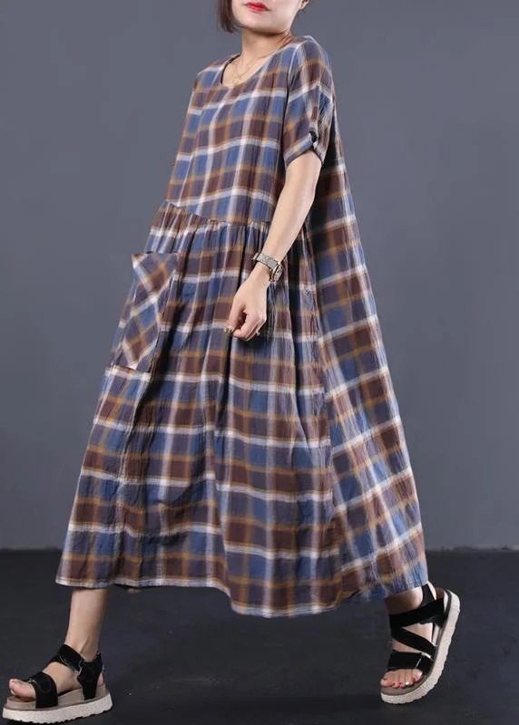 maxi dresses for flower girlsBohemian big hem cotton tunic dress Catwalk blue plaid long Dresses summer