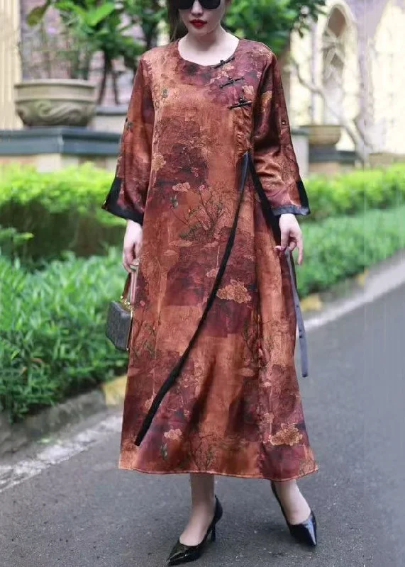 maxi dresses with pockets and sleevesLoose Brown Print Lace Up Silk Long Dresses Spring