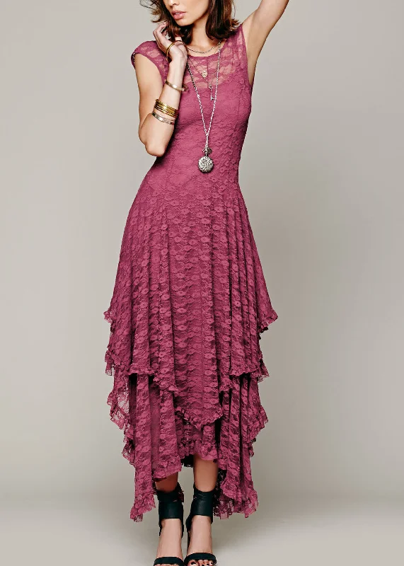 maxi dresses for garden partiesFitted Rose Asymmetrical Hollow Out Lace Long Dress Summer