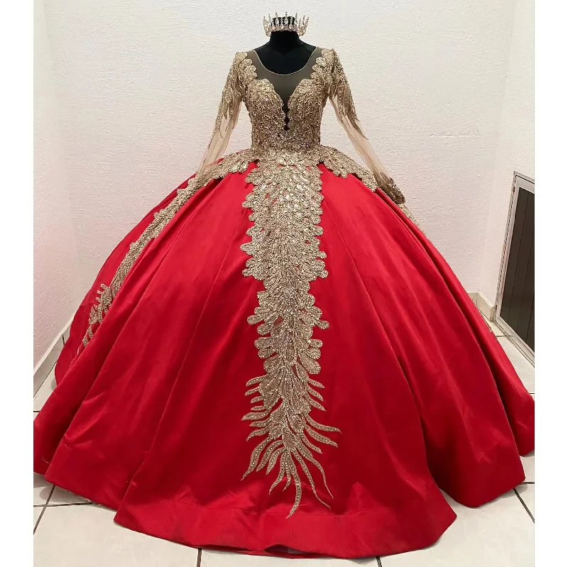 casual party dressesLuxury Red Quinceanera Dresses Ball Gown For Sweet Girl Satin Beading Sequined Long Sleeve Prom Party Gwons vestidos de 15 años