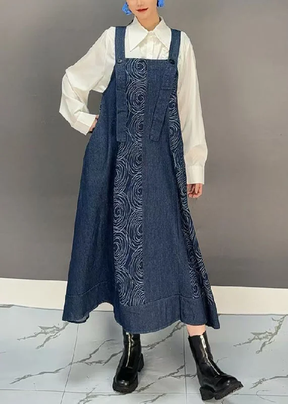 maxi dresses with spaghetti strapsWomen Denim Blue Slash Neck Print Long Spaghetti Strap Dress Spring