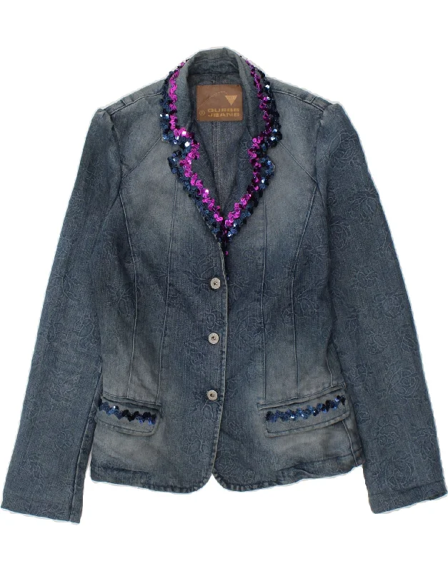 GUESS Womens Denim 3 Button Blazer Jacket UK 14 Large Blue Floral Cotton