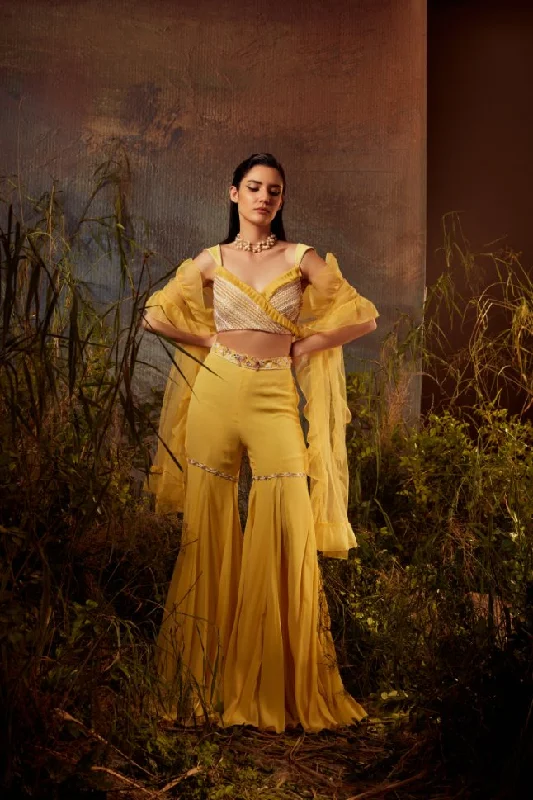 Boosting Full-Coverage BrasDheeru Taneja's Yellow Embroidered Bralette with Sharara Set - Rent