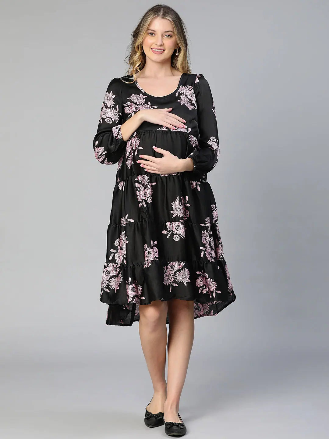 Aallic Black Floral Print Flared With Feeding Zip Maternity Dress