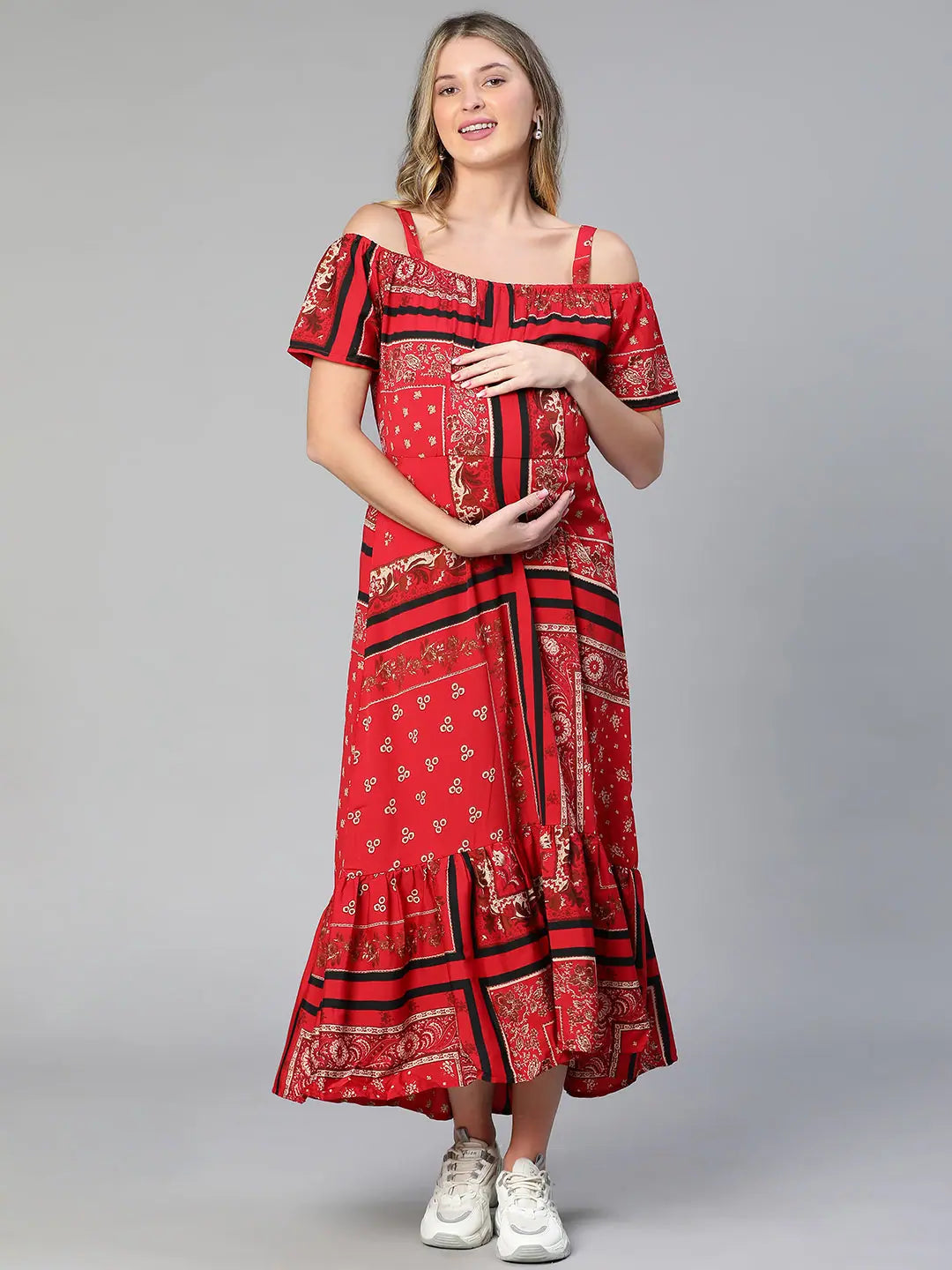 Amplified Red Floral Print Off -Shoulder Women Maternity Dress