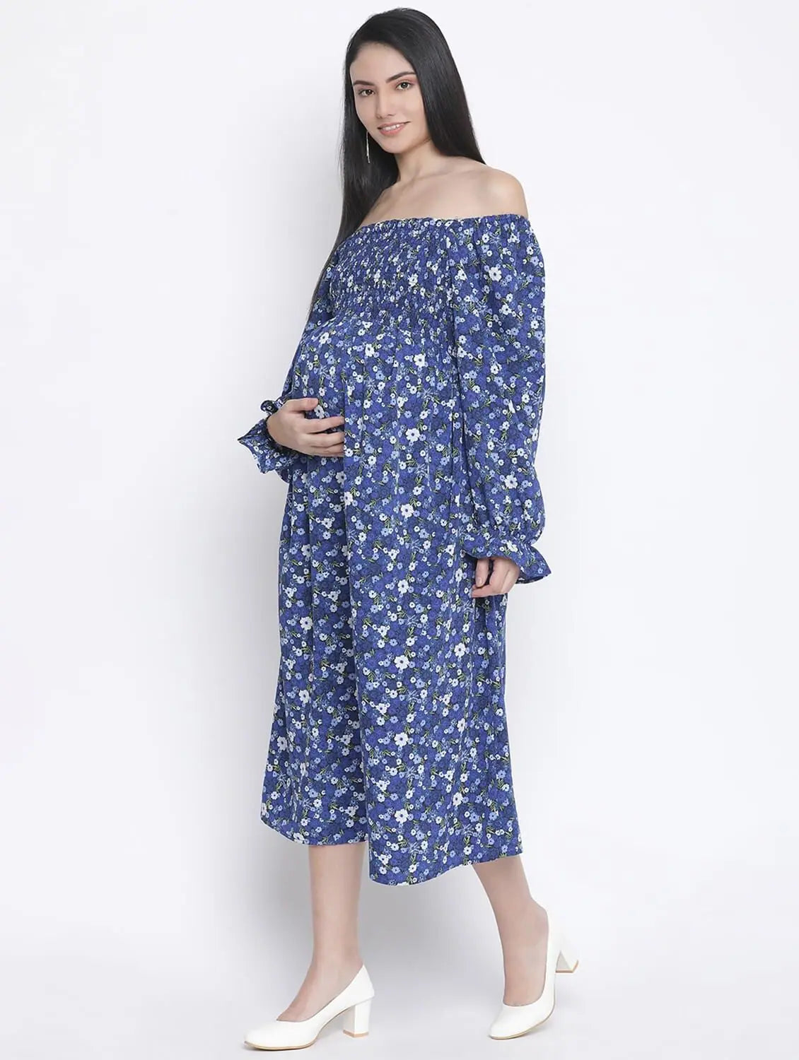 Designer Floral Print Off-Shoulder Maternity Dress