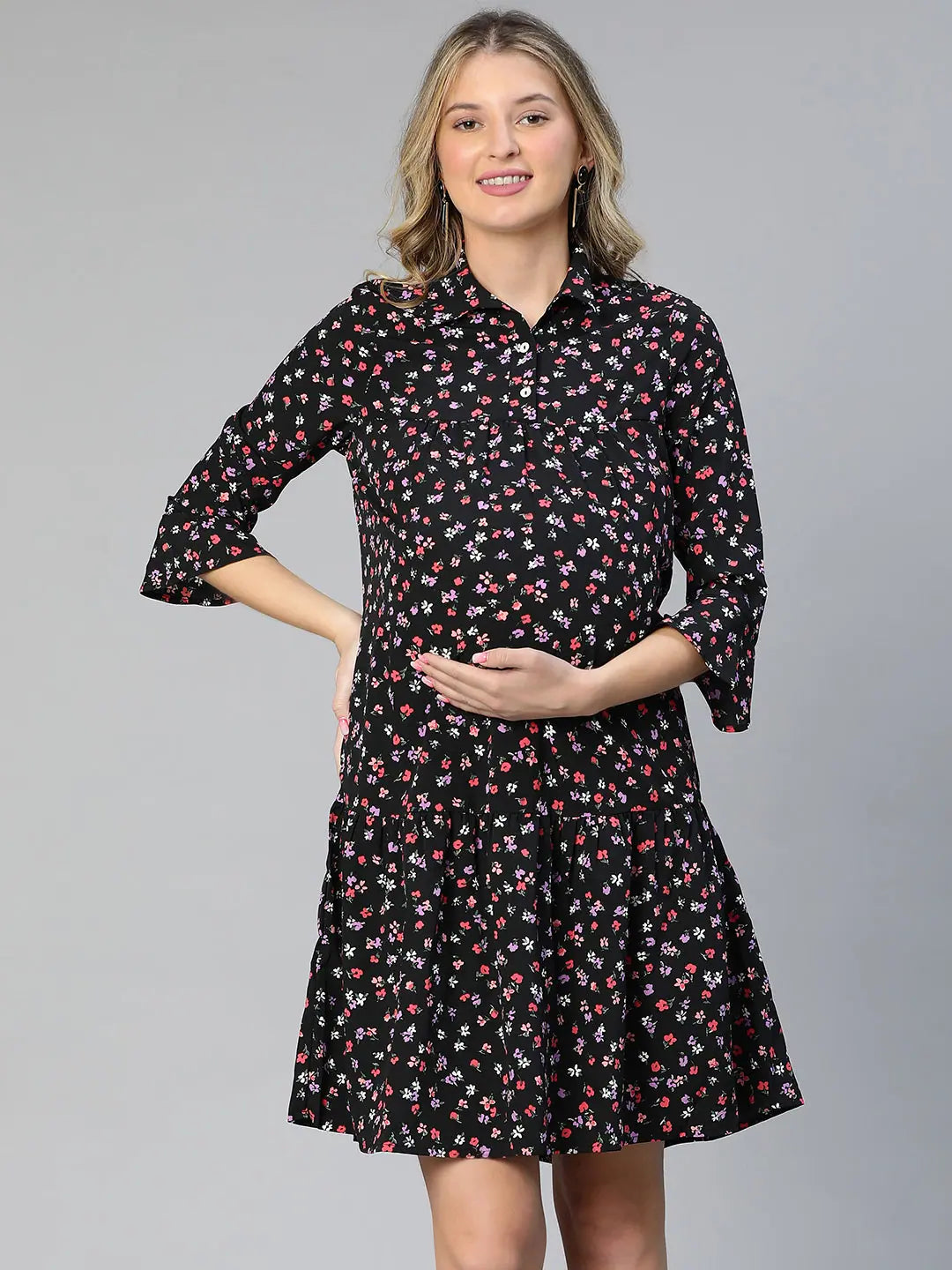 Emerged Black Floral Print Collared Women Maternity Dress