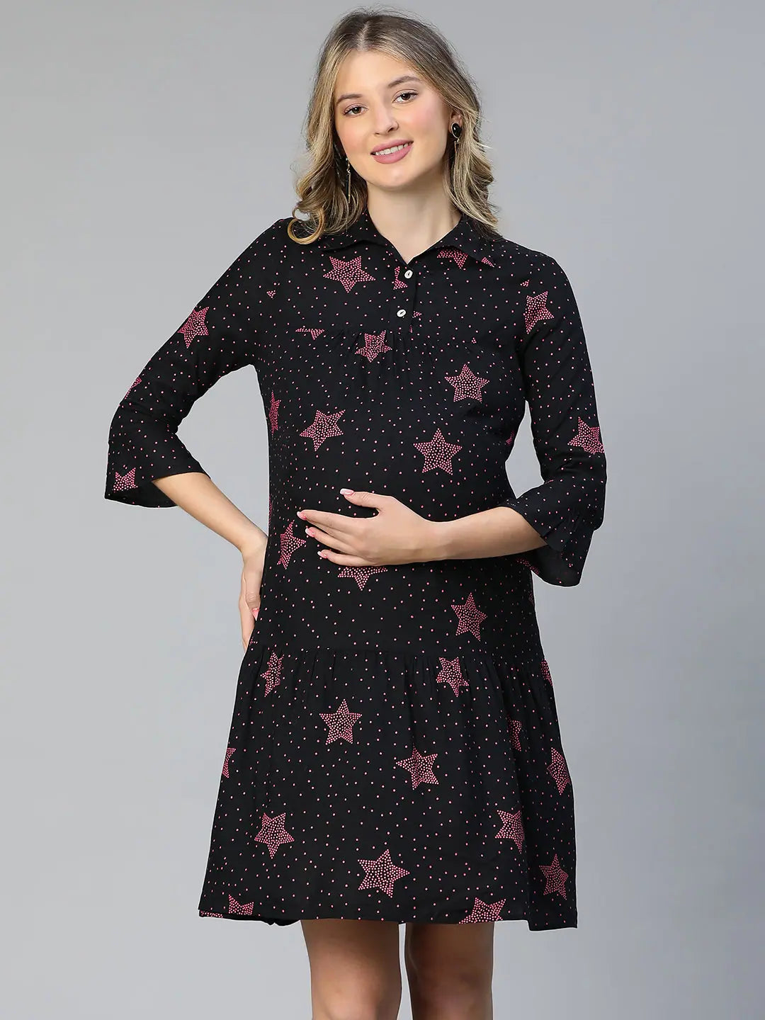 Engo Black Floral Print Collared Women Maternity Dress