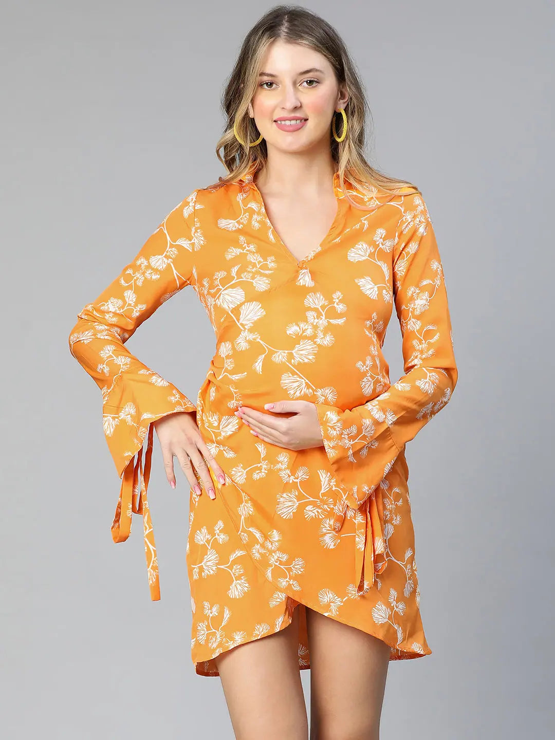 Hail Up Yellow Floral Print Wrapped Women Maternity Dress