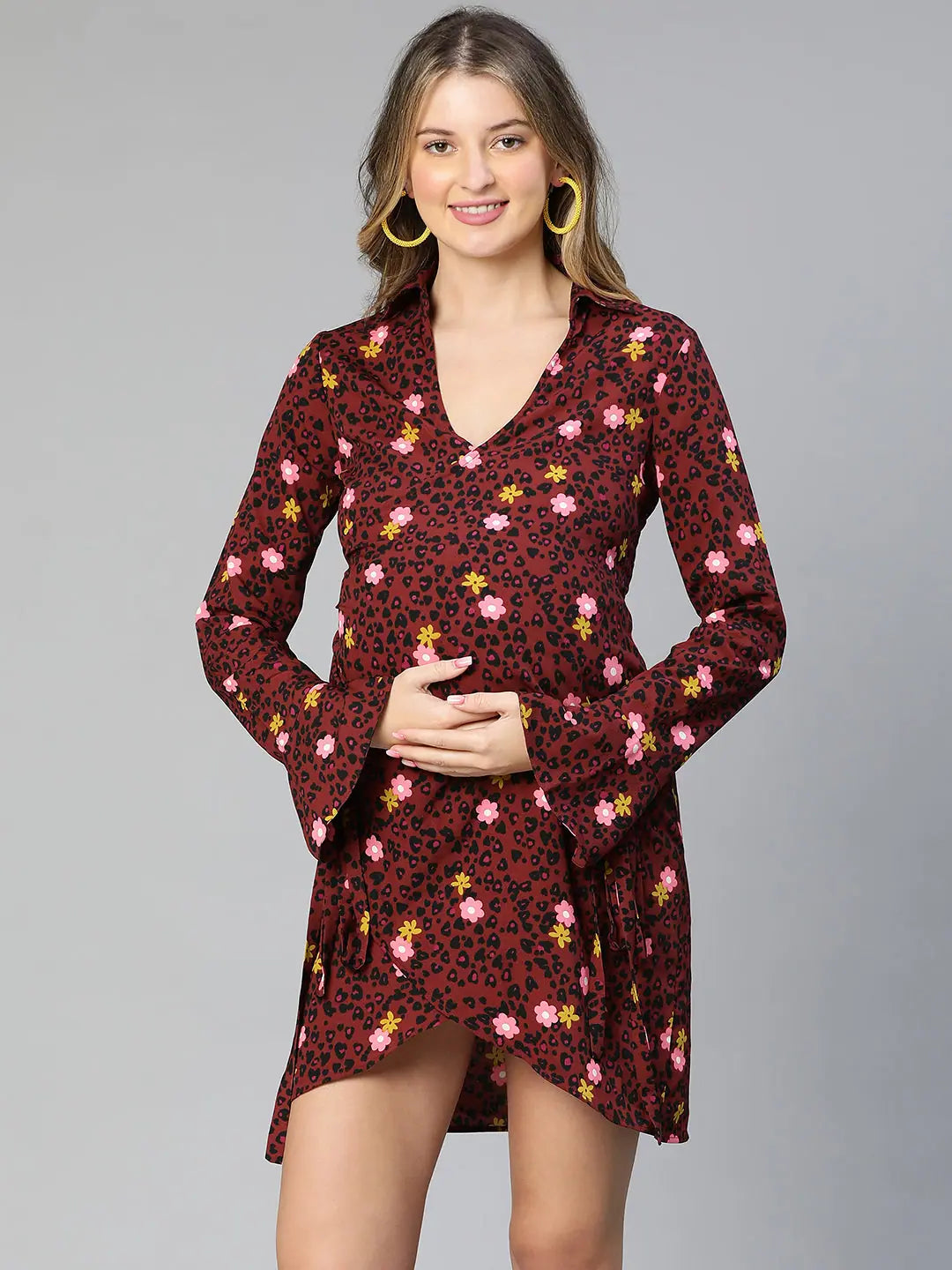 Marshell Maroon Floral Print Wrapped Women Maternity Dress