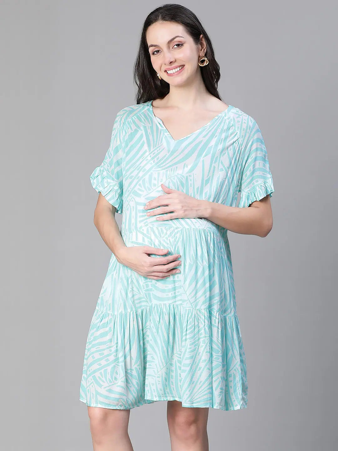 Mover Blue Layred Print V- Neck Women Maternity Dress