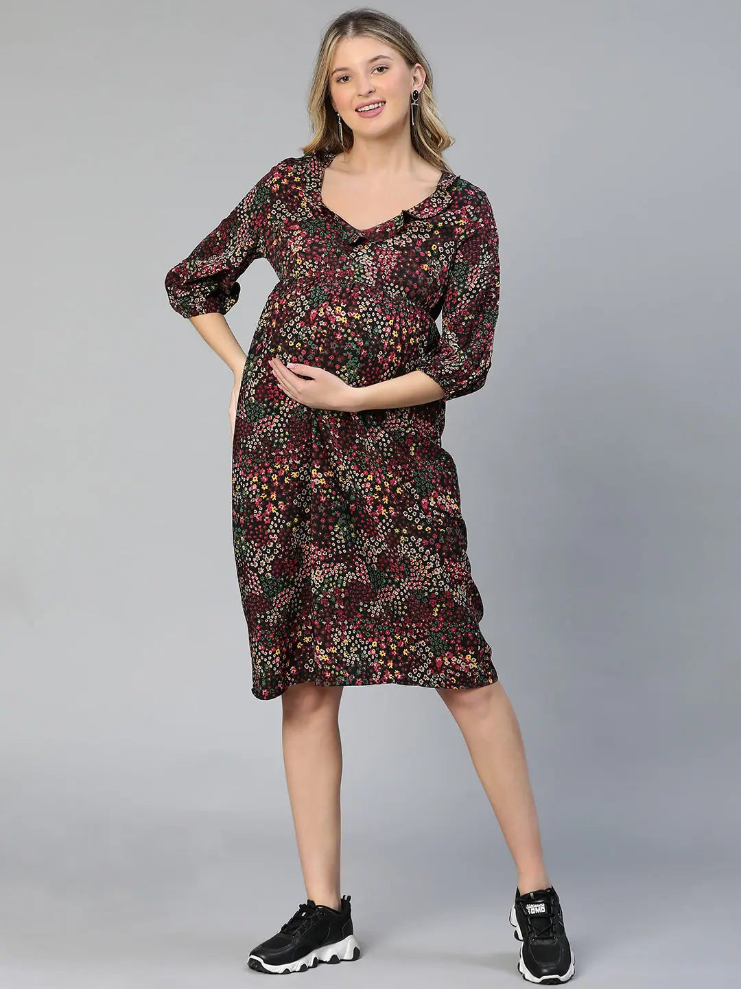 Multicolor Ruffled Elasticated Floral Printed Women Maternity Dress