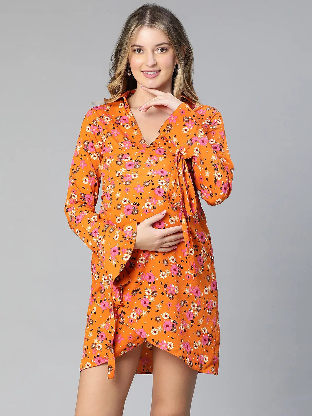 Slizy Orange Floral Print Wrapped Women Maternity Dress