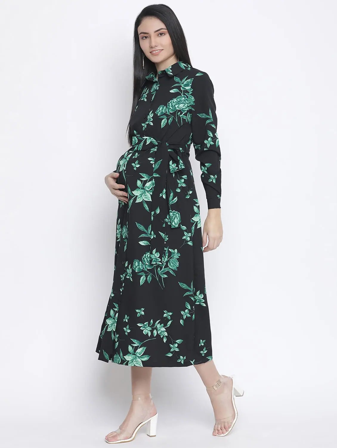 Tora Black Floral Print Long Maternity Dress