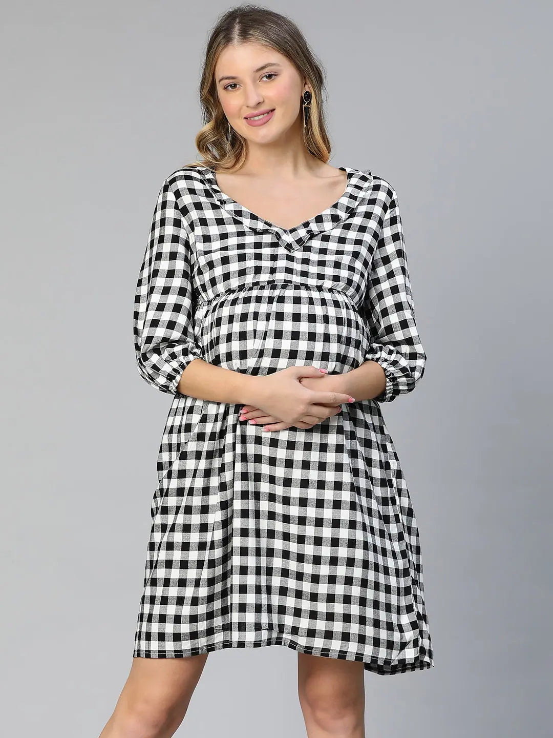 Touched Black Ruffled Elasticated Check Print Women Maternity Dress