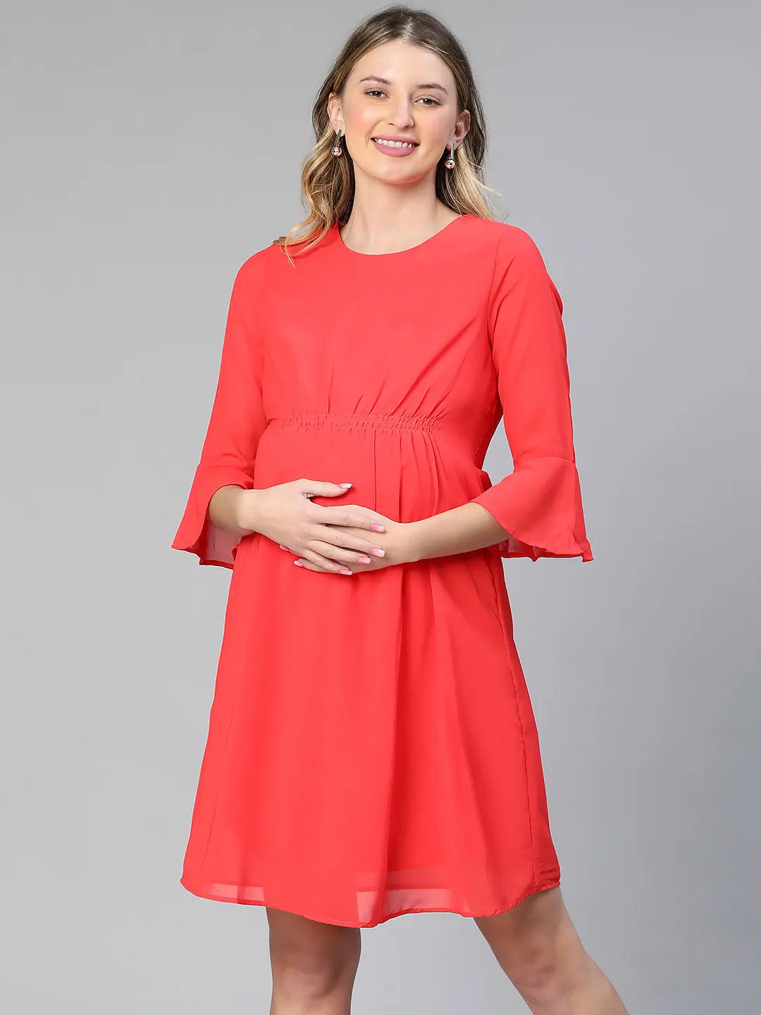 Universal Red Elasticated Women'S Maternity Dress