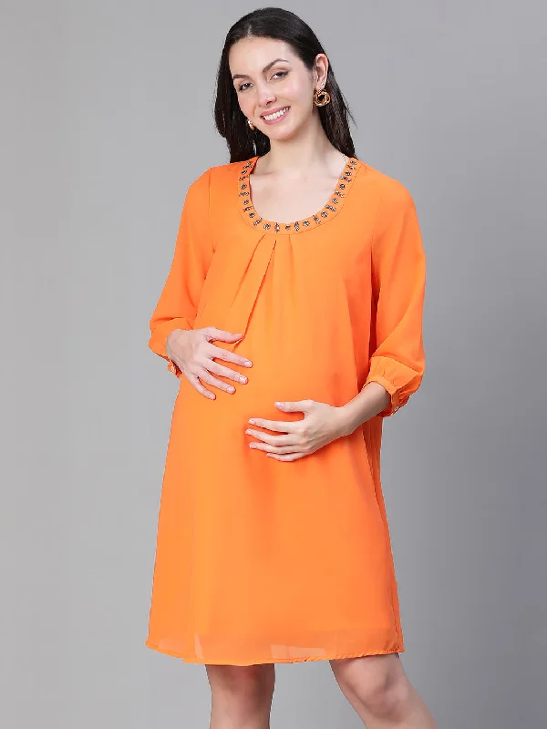 Women Embellished Elsaticated Round Neck Orange Maternity Dress-S23284MADR01