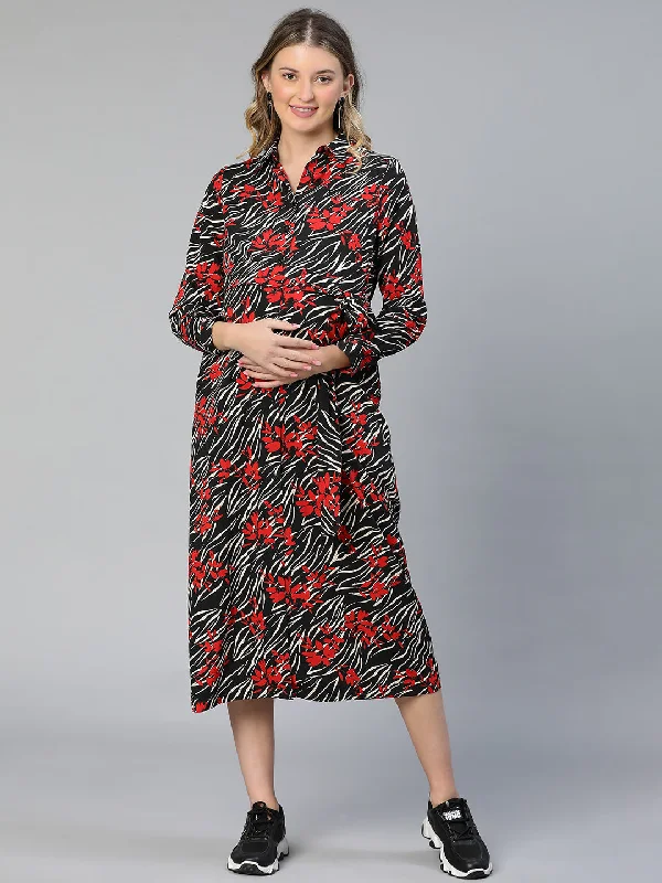 Women Floral Print Collared Belted Black Maternity Dress-S23292MADR01